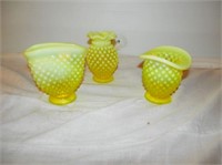 Group of 3- Yellow Vaseoline type hobnail vases