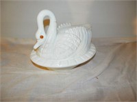 One- White Milke Glass Swan covered dish