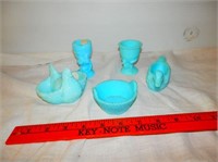 Group of 5 - blue milk glass items