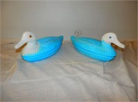 Pair-Blue and White Milk glass covered Duck Dishes