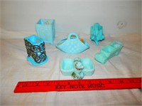 Group of 6 Blue Milk glass items