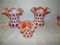 Group of 3 - Cranberry Coin Dot fluted vases