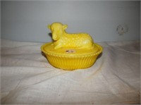 One Yellow MIlk Glass Lamb on Nest covered dish