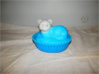 One-Blue & White Milk Glass Covered Dish