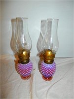 Pair- Cranberry Hobnail Miniature Lamsps with