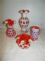 Group of 4 Fenton Cranberry Coin Dot Items