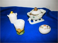 Group of 4 Antique Milk glass Easter items