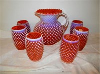 Group of 7 Cranberry Hobnail Pitcher & Glasses