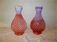 Pair of Cranberry Hobnail Flower Vases 10 1/4" H
