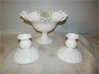 Group of 3 -White Hobnail Pedestal Fluted Bowl