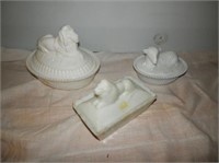 Group of 3- White Milk Glass Covered Dishes