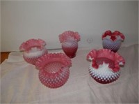 Group of 5 Cranberry Hobnail  fluted vases/bowls