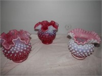 Group of 3 Cranberry Hobnail fluted vases