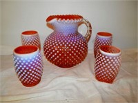 Group of 5 Cranberry Hobnail-Pticher w/4 glasses
