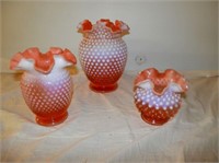Group of 3 Cranberry Hobnail Fluted vases