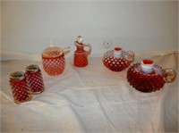 Group of 6 Cranberry Hobnail Items