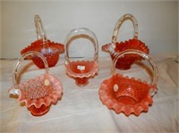 Group of 5 Cranberry Hobnail baskets with clear