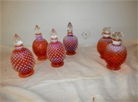 Group of 6 Cranberry Hobnail Perfume & Dresser
