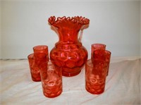 Group of 7 Cranberry - Pitcher & 6 glasses
