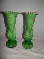 Pr of Fenton Green Victoria Hand Vases 9" H