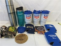 Lot of: thermos, koozies, insulated cups as shown