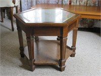 Mahogany Finished Glass Top Hexagon End Table