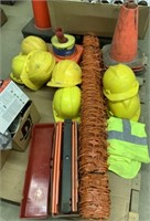 lot of Cones, Hardhats, Flares, Fence, Caution