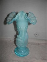 One-Blue Satin Fenton hand vase 10 1/2" H