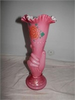 One-Pink Fenton HP Hand Vase 9 1/2" H