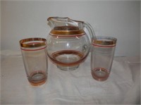 Group of 3 - Clear Pitcher -red & gold trim