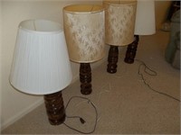 4 pine turned-wood lamps and shades