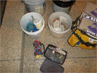 Buckets w/screws, tools, tape measures