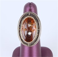 14K YELLOW GOLD AMBER & PEARL ORNATE RING