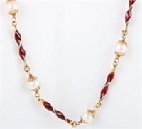 18K YELLOW GOLD PEARL ENAMELED LADIES NECKLACE