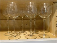 Lot of 6 Floral Etched Wine Glasses