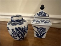 Pair of Blue & White Lidded Small Urns