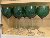 Lot of 7 Green & Clear Wine Glasses