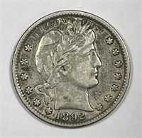 1892 Barber Silver Quarter Very Fine VF