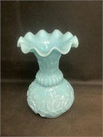 8" Tall Blue Fenton Style Ruffled Vase