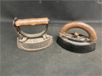 2 Cast Iron Flat Irons with Wood Handles
