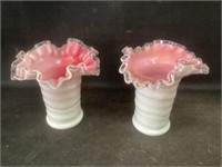 Matching Pair of Fenton Pink & White Vases