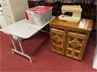 SINGER SEWING MACHINE WITH TABLE, THREAD, LIGHT