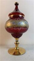 Ruby glass jar w/ gold overlay pedestal