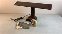 Metal desk lamp, Pontiac mirror, alarm clock