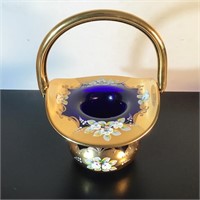 BOHEMIAN GLASS BASKET GILT COBALT BLUE