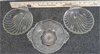 2 Clear glass scallop dishes and 1 wavy cut glass