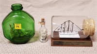 Ship in the Bottle w/ Stand, Green Bottle w/ Ship,