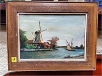 Dutch Windmill & River Oil Painting
