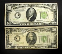 1934 Federal Reserve Notes one each $10 & $20