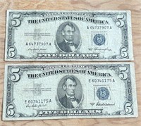 1953's $5 SLVER CERTIFICATES LOT OF 2
